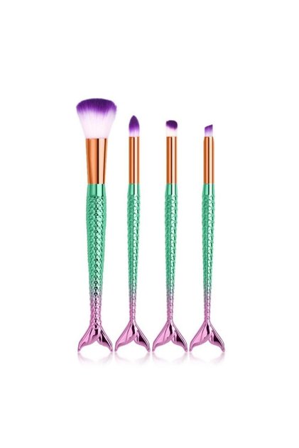 4-teiliges glänzendes Fisch-Make-up-Pinsel-Set mit grünem und rosa Griff