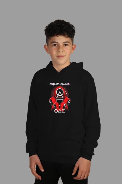Kids Black Hooded Sweatshirt Squid Game Digital Printed Two Threads with Ribbon Inside