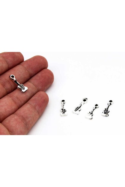 12 Adet - 6x18 Mm Gitar Desenli, Metal Uç, Sallantı, Takı Malzemesi, Boyalı Gümüş Kaplama, Z79