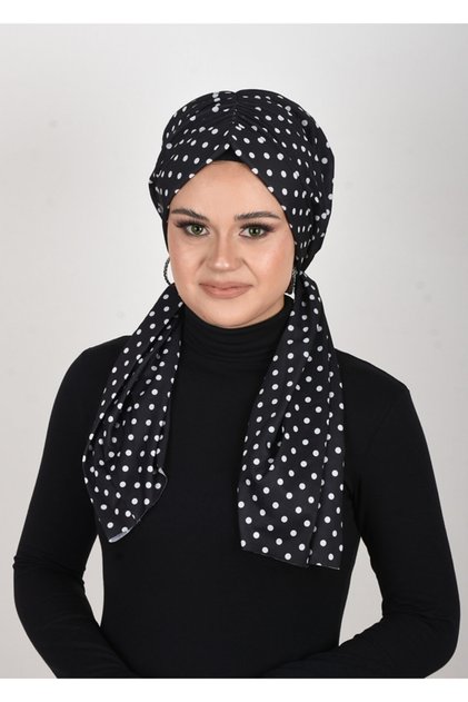 Black and White Polka Dot Patterned Sandy Fabric Lycra Ready Shawl-scarf-bone