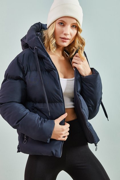 Women's Navy Blue Hooded Inflatable Coat 10141018