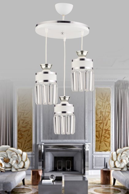 Eylül 3 Lü Sarkıt Tepsi Beyaza Krom Kristal Taşlı Yaldızlı Modern Lüks Avize