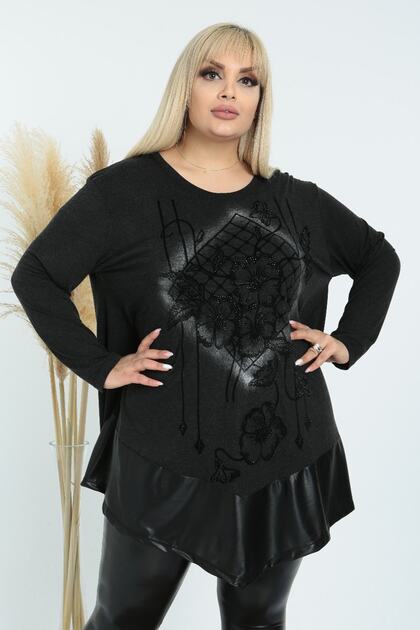 Long Sleeve Tunic with Leather Detail on the Hem and Flower Stone Embroidery on the Front