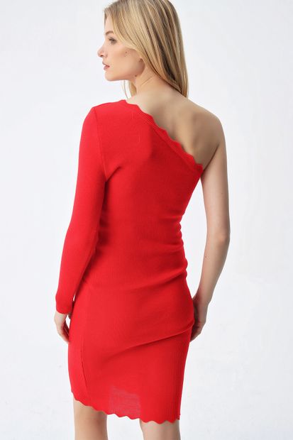 Trend Alaçatı Stili Kadın Kırmızı Omuz Dekolteli Triko Elbise ALC-X5177 - 5
