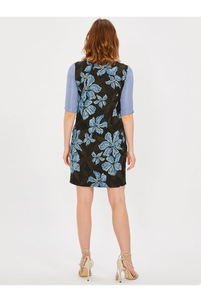 VKM Kadın Mavi Çiçek Desenli Jakarlı Elbise - 2