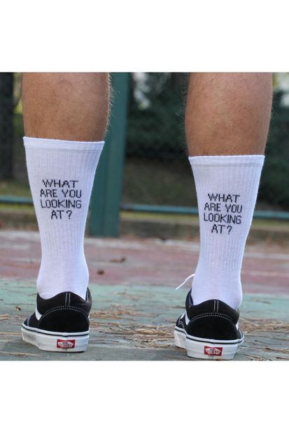 UNAGİ Looking At Yazılı Beyaz Çorap Slogan Çorap - 3