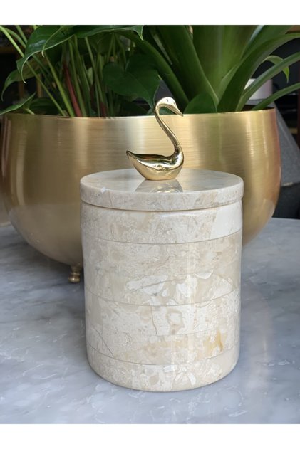 Swan Figured Beige Marble Box with Lid 9 cm