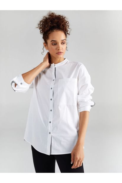 Faik Sönmez Kadın Beyaz Şerit Detaylı Uzun Kol Gömlek 61341 - 1