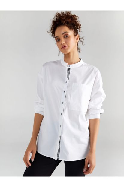 Faik Sönmez Kadın Beyaz Şerit Detaylı Uzun Kol Gömlek 61341 - 4