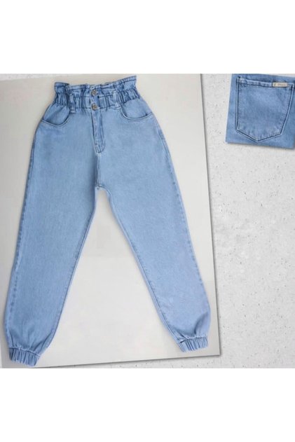 Kız Çocuk Mavi Beli ve Paçalı Lastikli Yüksek Bel Kot Pantolon