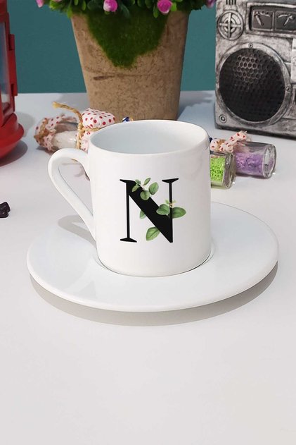 Botanical Turkish Coffee Cup with Letter N White