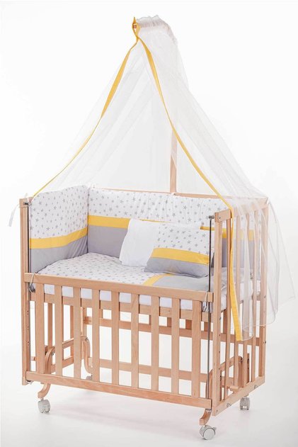 Anne Yanı Naturel Boyasız 50*90 Ahşap Beşik - Tekerlekli + Sarı Biyeli Uyku Seti