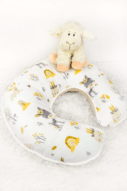 Printed Breastfeeding Pillow and Support Cushion Geyik Pleated Model (White Tie) Cotton