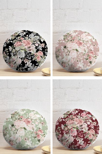 4-Piece Colorful Floral Patterned Modern Round Pillow Throw Pillow Cover Set on the Floor