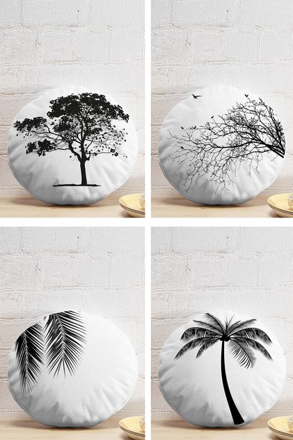 4-Piece White Background Tree Themed Digital Printed Modern Round Pillow Throw Pillow Cover Set