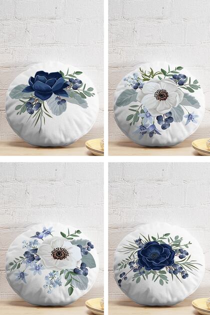 4-Piece Blue White Rose Design Digital Printed Modern Round Pillow Throw Pillow Cover Set
