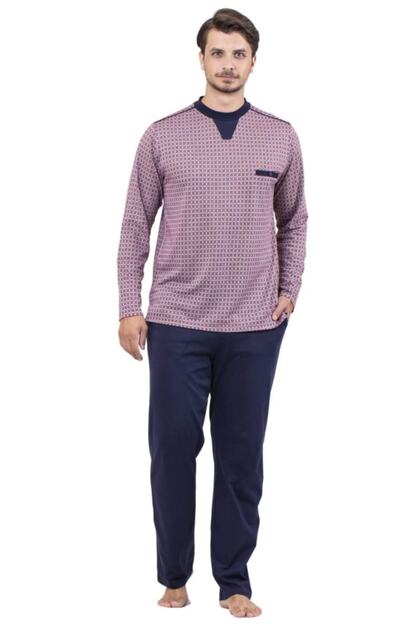 Double Tiger 8708 Men's Jacquard V-Neck Long Sleeve Pajama Set Claret Red