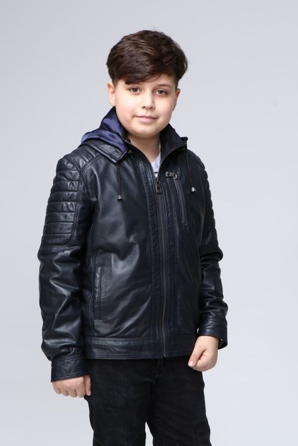 Boy's Hooded Genuine Leather Coat