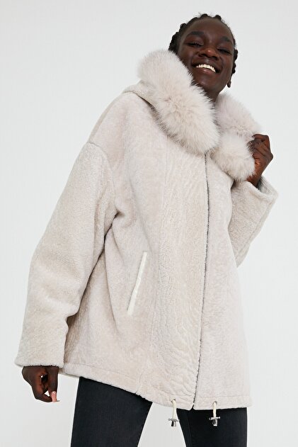 theory luxe blenda lamb melton　24AW nero leather fur Leather - Astragan Lamb Fur Coat- Trendyol