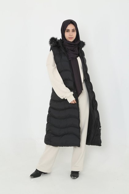 Vestă pufă lungă Hijab detaliată cu fermoar cu glugă