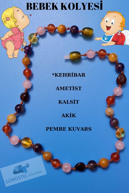 Certified Natural Stone Baby Necklace Amber, Amethyst, Calcite, Agate, Pink Quartz Baby Necklace