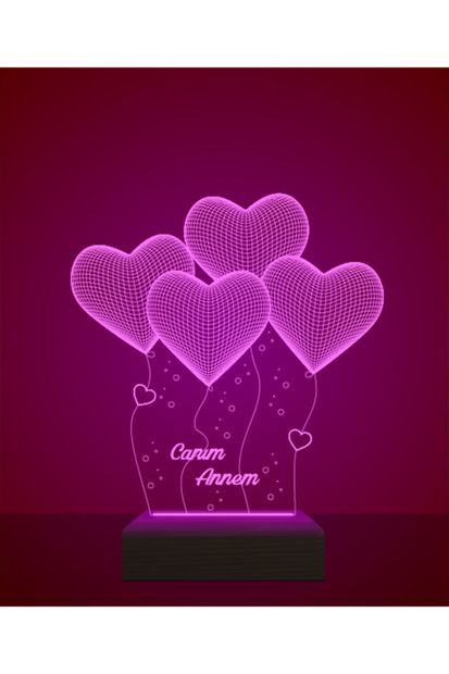 Evrenin Lambası Canım Annem Yazılı 4 Kalpli Dekoratif Hediye Pleksiglas 3d Gece Lambası - 3