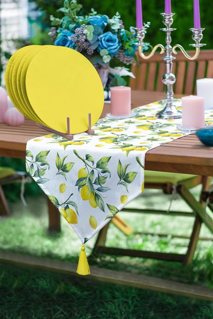 Lemon Designed Triangle Tasseled Runner 1 Piece & 6 Pieces Yellow Colored Supla