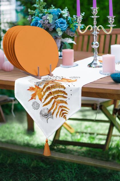 Gold Detailed Leaf Design Triangle Tassel Runner 1 Piece & 6 Pieces Orange Colored Supla