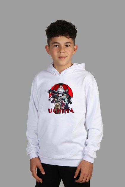 Children's White Hooded Sweatshirt Naruto Digital Printed Two Threads with Ribbon Inside