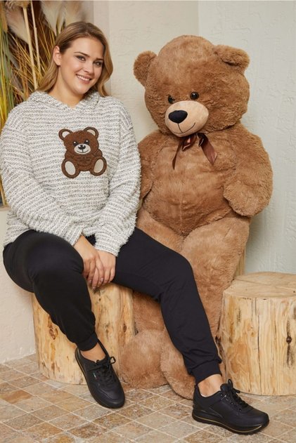 Fringe Braided Teddy Bear Appliqued Hooded Sweat-beige