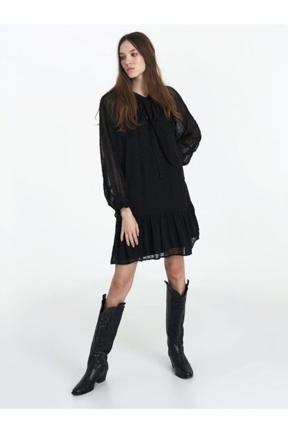 Twist Kadın Siyah Fırfır Şeritli Elbise - 1