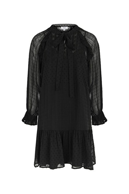 Twist Kadın Siyah Fırfır Şeritli Elbise - 5