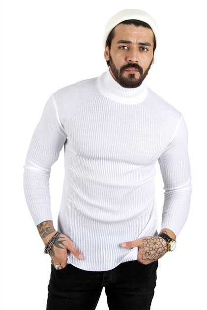 Men's White Turtleneck Striped Slim Fit Knitted Sweater2100015