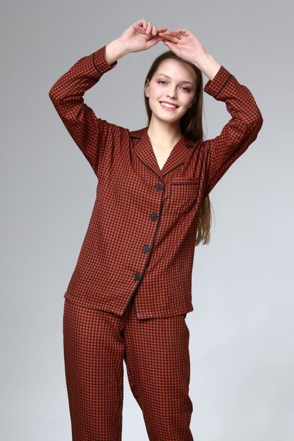 LUALUA Kadın Kiremit Biyeli Uzun Pijama Takımı - 1