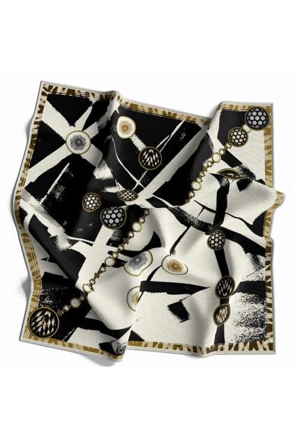 Geometrik Zincir Desen Gold Seri Twill Eşarp Askısı Ve Hediyelik Seti Ile Birlikte 90x90 Cm