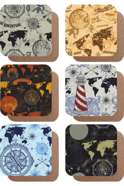 World Map Atlas Themed Set of 6 Retro Wooden Coasters