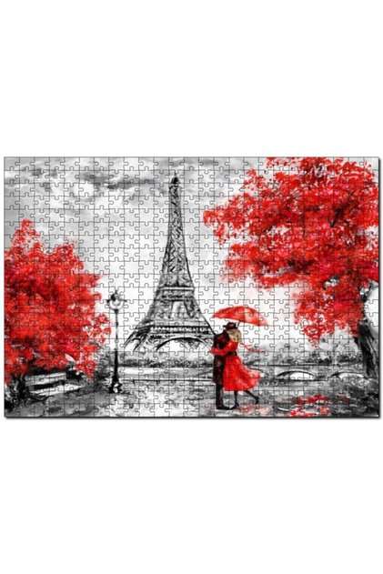 Eiffel Tower Red Trees Couple with Red Umbrella 1000 Piece Puzzle Jigsaw Puzzle Mdf (wood)