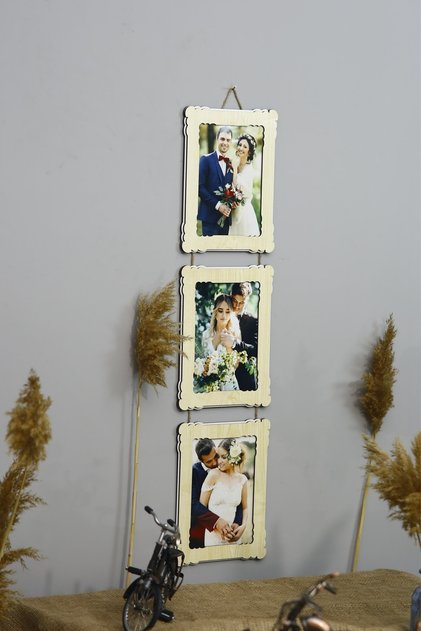 Ahşap 3'lü 15x21 Cm Ipli Fotoğraf Askılı Dikey-renk Akça