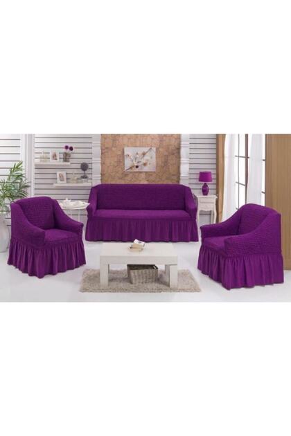 Bürümcük Cotton (3-1-1) Sofa Cover Set Sofa Cover with Skirt (Purple Color)