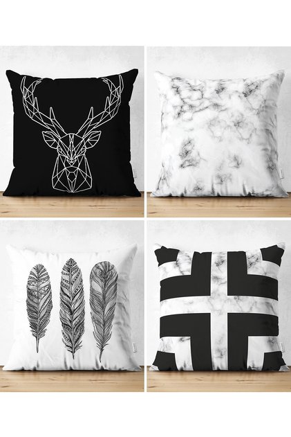 Double Sided Black and White Colored 4-Piece Concept Suede Pillow Throw Pillow Cover Set
