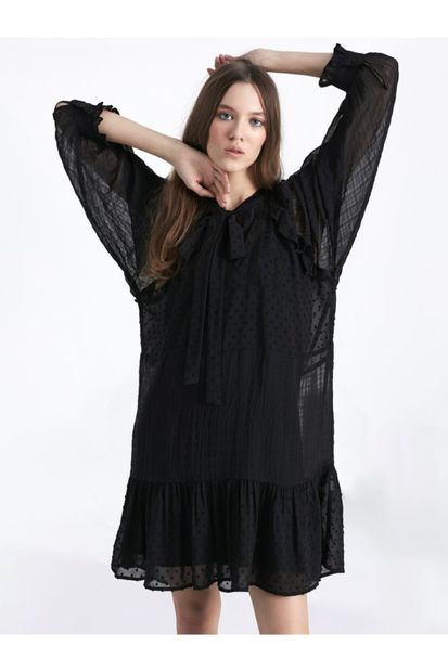 Twist Kadın Siyah Fırfır Şeritli Elbise - 2