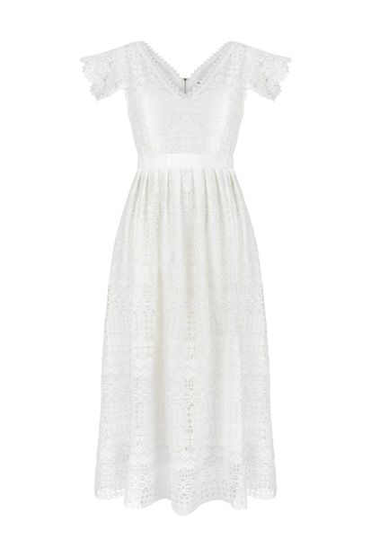 İpekyol Kadın Kırık Beyaz Bel Vurgulu Güpür Elbise - 4