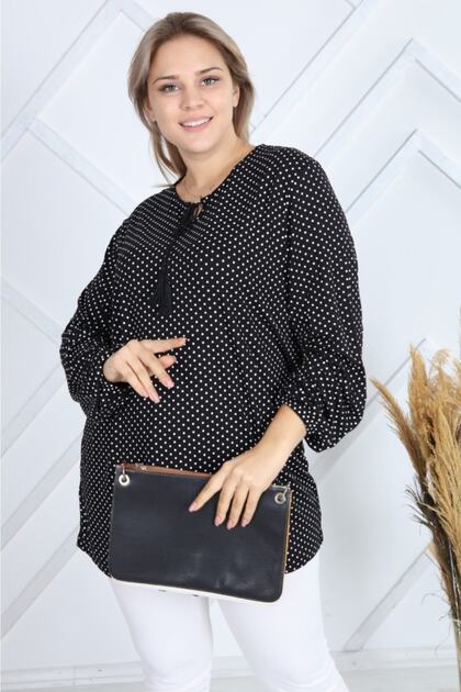 Women's Black Polka Dot Collar Blouse with Lace Detail
