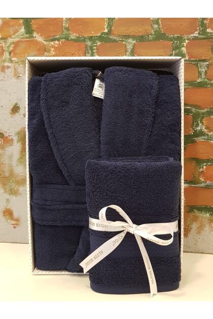 Trendy Şalyaka Bathrobe + Head Towel - Navy Blue