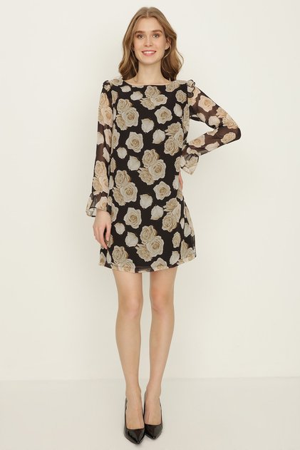 Women's Black Cream Floral Print Chiffon Dress