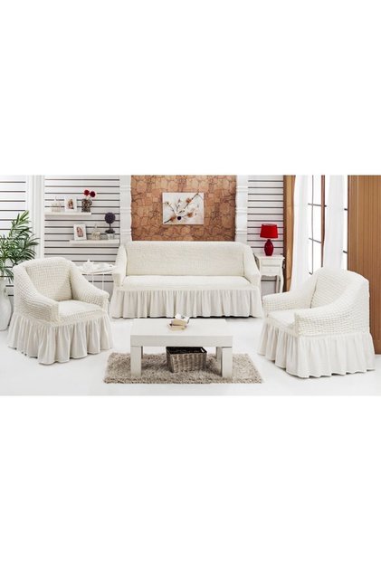 Bürümcük Cotton (3-1-1) Sofa Cover Set with Skirt Sofa Cover (Natural Color)