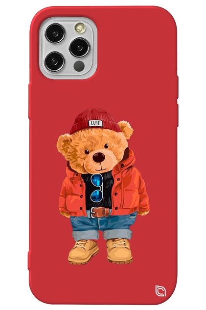 iPhone 13 Pro Max Red Color Premium Velvet Teddy Bear Patterned Silicone Phone Case