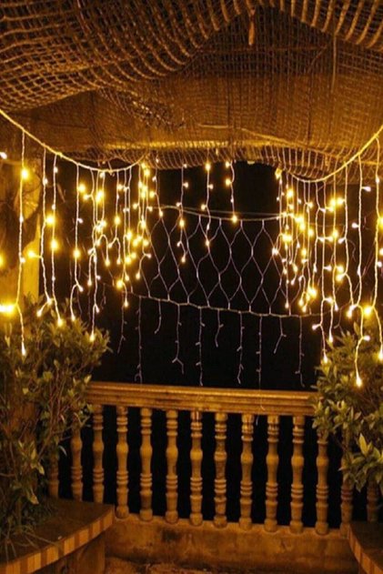 16 Saçaklı 4 Mt Dekoratif 96 Led Işık Sarkıt Sarı Renk Ip Perde Iç Mekan Dış Mekan Perde Led