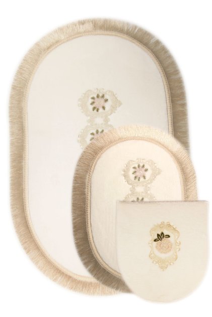 Shems Cream 3-Piece Lacy and Fringed Toilet Seat Set Bathroom Carpet Mat Set