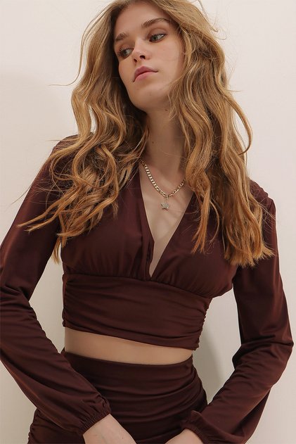 Women's Brown V-Neck Front and Waist Gathered Sandy Crop Blouse ALC-X7745